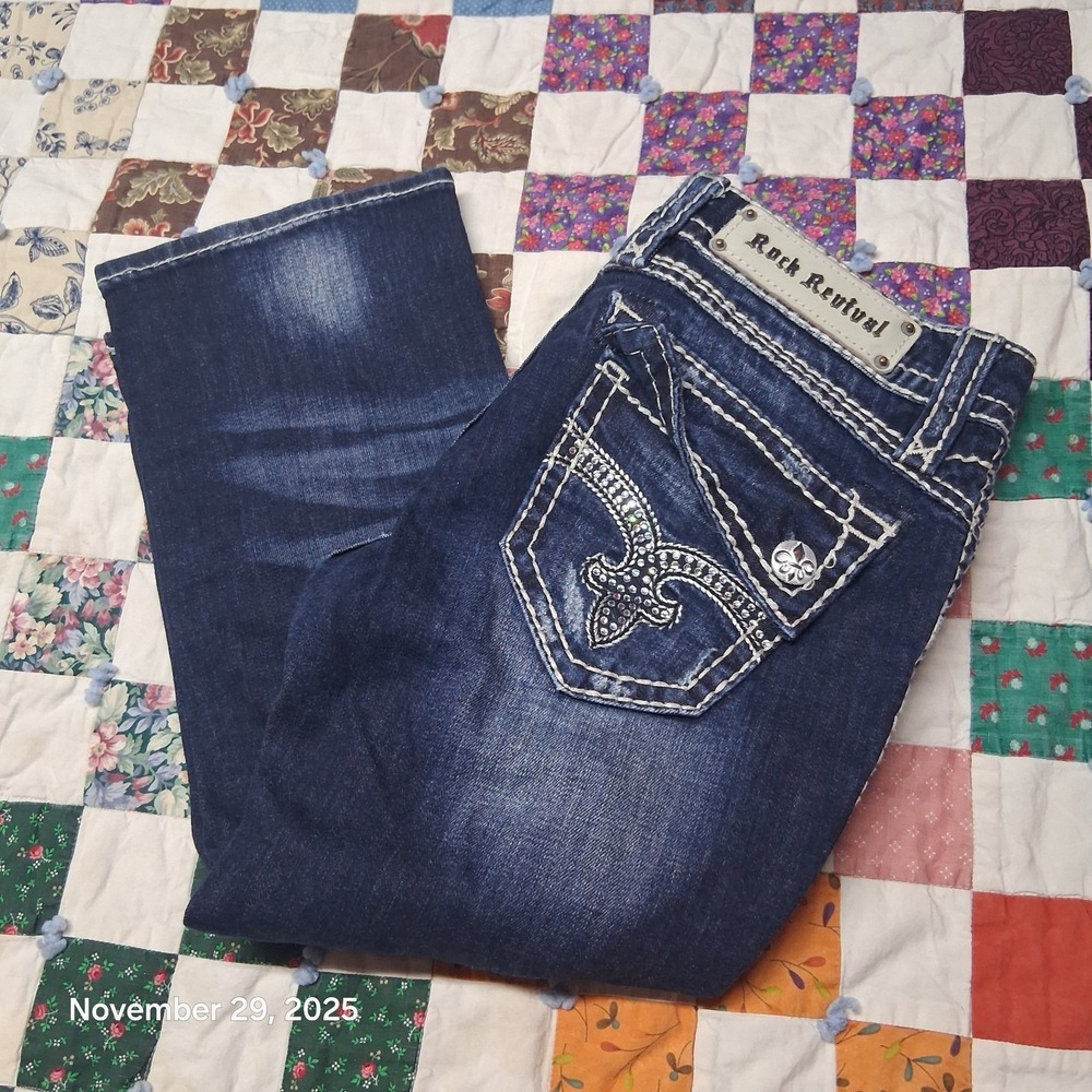 Rock Revival Johanna Capri Blue Jeans Size 27 Rhinestone Thick Stitch‎